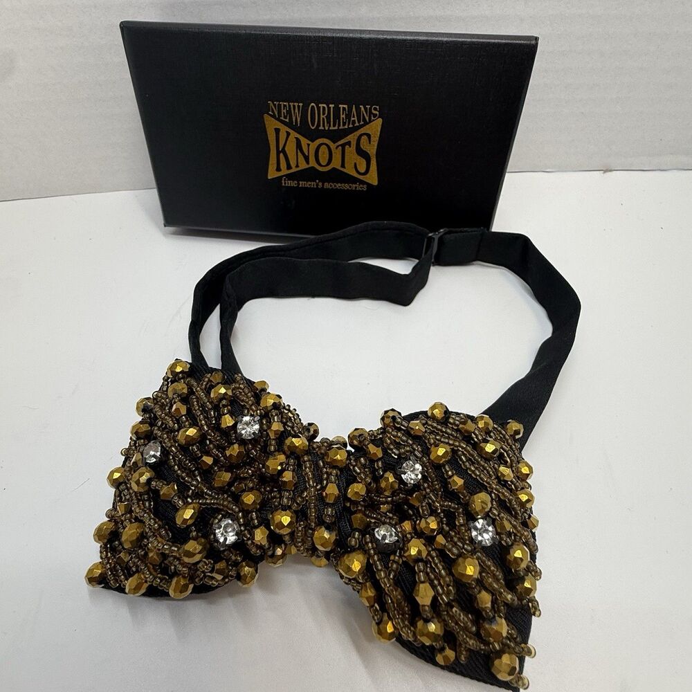 Hand Crafted Beaded Rhinestone Black & Gold New Orleans Adjustable Bow Neck Tie
